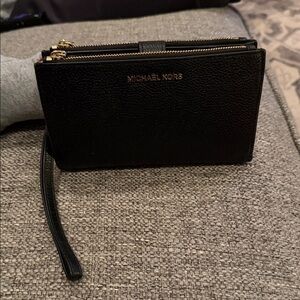 Michael Kors Black Leather Wristlet with Gold Accents